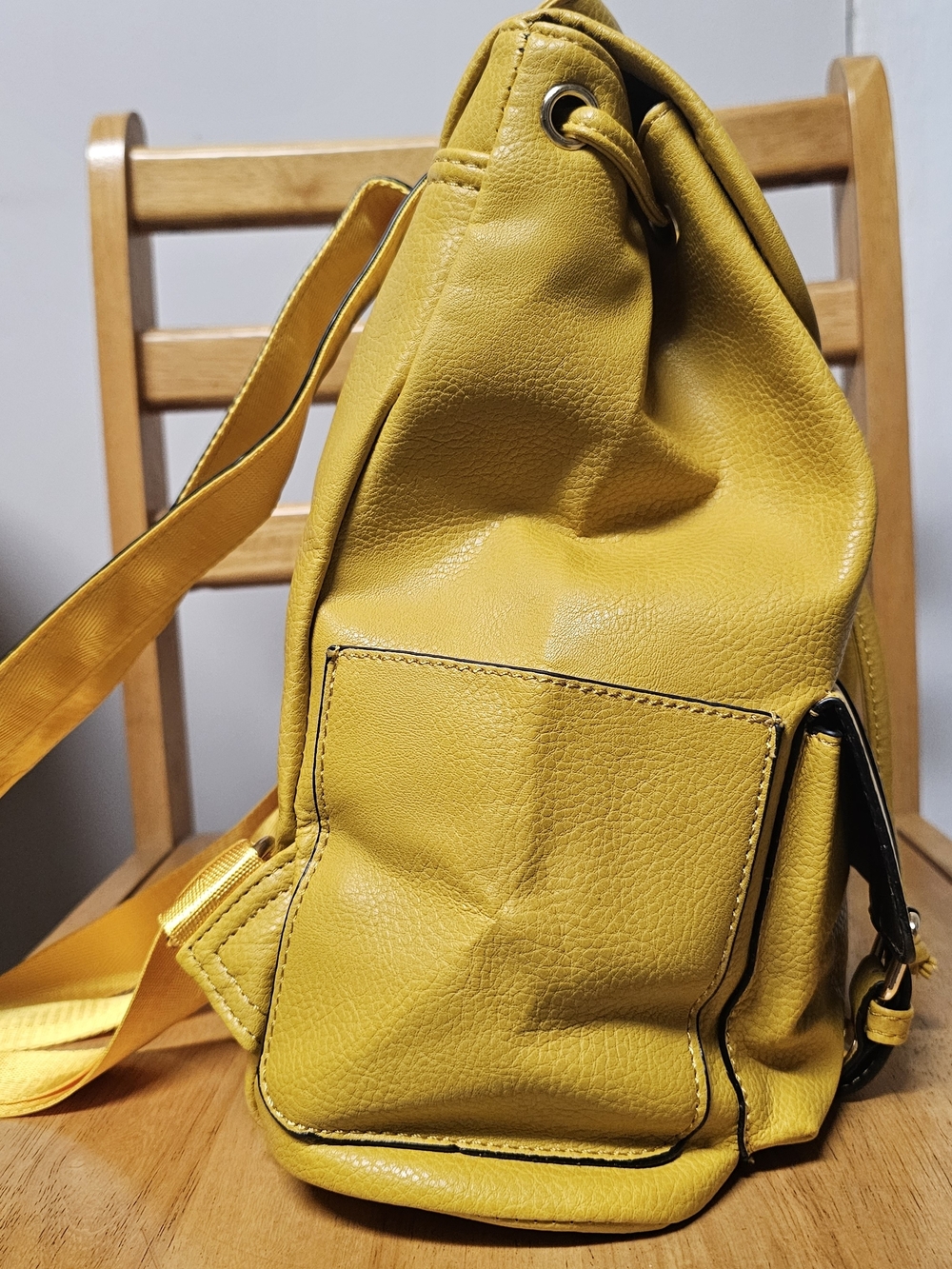 Gold Mustard Yellow Faux Leather Backpack Travel CarryOn Purse Versatile - Picture 2 of 5